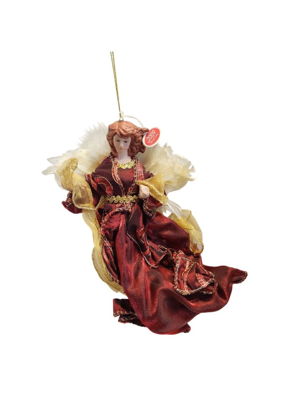 North Pole Trading Co. 2009 Angel Ornament With Red & Gold Gown Feather Accents